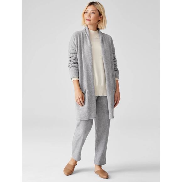 Eileen Fisher Italian Cashmere Sweater Open Cardigan Long Gray Grey Moon Medium - Picture 2 of 9